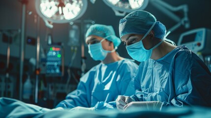 Focused surgeons in blue scrubs and masks, performing a complex surgery under bright lights in a modern operating room, medical teamwork in action.