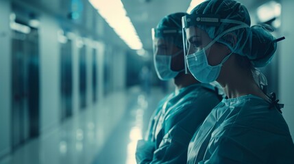 Determined medical professionals in surgical scrubs and face shields standing in hospital hallway, focused on patient care, ready for surgery preparations. Copy space