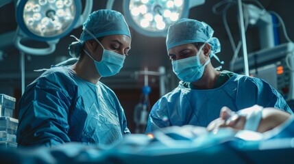 Focused surgeons, one hispanic, one biracial, in blue surgical scrubs and masks performing delicate surgery under bright operating room lights.