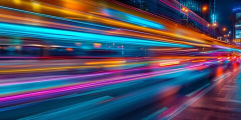 Dynamic urban light trails illuminating busy city street with vibrant blue, pink, and yellow streaks, capturing speed and motion at night.