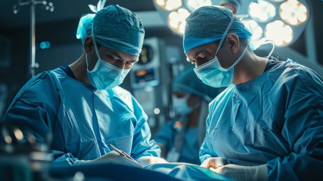 Focused surgeons in blue scrubs performing intricate surgery in operating room with bright lights and precise tools. Medical teamwork, precision, and expertise in action.