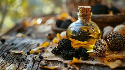 Fresh black truffles and a bottle of aromatic black truffle oil displayed.