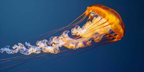 Ethereal jellyfish gracefully drifting in deep blue ocean layers, emitting glowing patterns, mesmerizing twilight waters with underwater luminescence, serene marine wonder, nature's aquatic beauty.