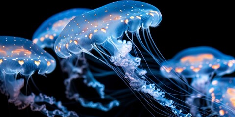 Obraz premium Ethereal bioluminescent jellyfish gliding through dark blue ocean waves, illuminated tentacles glowing in twilight waters, represent beauty and mystery of marine life exploration.