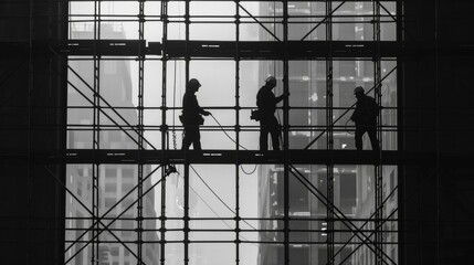 Dynamic silhouette of diverse construction workers on scaffolding at high-rise site, emphasizing teamwork and safety in high-contrast black and white.