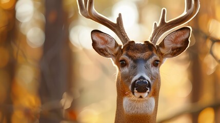 An impressive adult deer with large antlers standing in a sunlit forest, representing strength, majesty, and the serene beauty of nature.