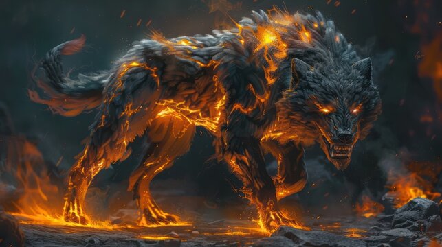 A ferocious cerberus with lava like fur and glowing yellow eyes, guarding the gates