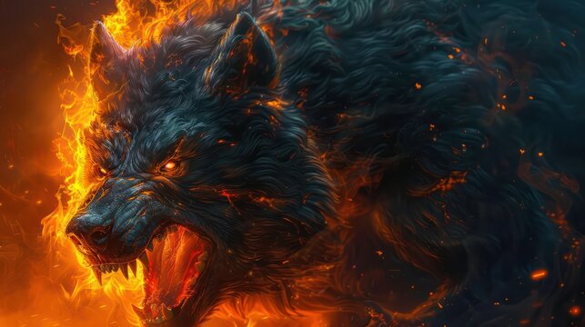 A ferocious cerberus with lava like fur and glowing yellow eyes, guarding the gates