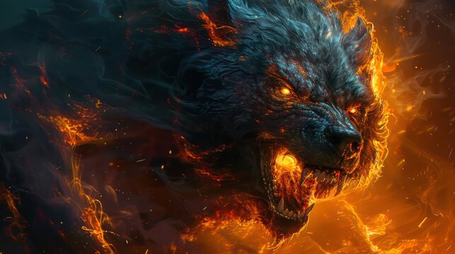 A ferocious cerberus with lava like fur and glowing yellow eyes, guarding the gates of an underworld. Hyper-realistic style