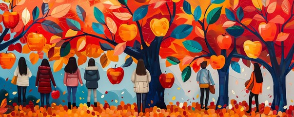Friends enjoying apple picking with autumn leaves falling,