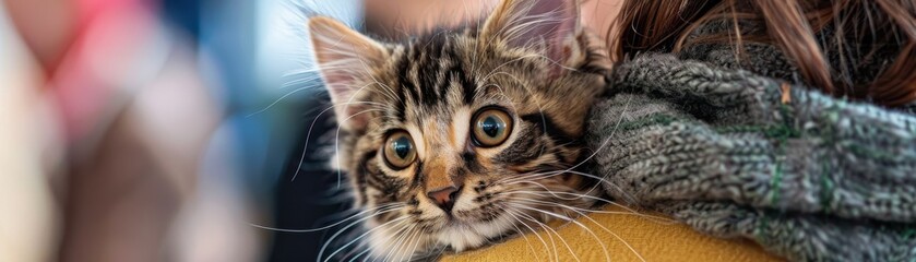 Heartwarming cat adoption event with families, realistic, natural light, high resolution, background of a cozy community center, joyful and celebratory scene
