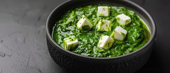 Obraz premium Saag Paneer separates in midair, with chunks of paneer and creamy spinach creating a vibrant green and white explosion