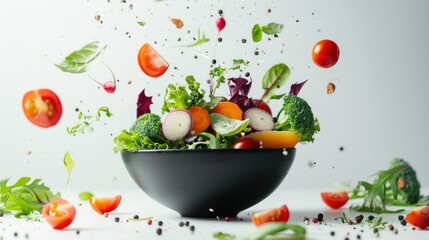 flying different vegetables with a black bowl on white background