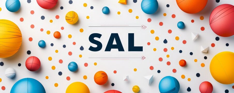 Vibrant abstract background with colorful spheres and dots surrounding the word SAL. Perfect for creative designs and advertising.