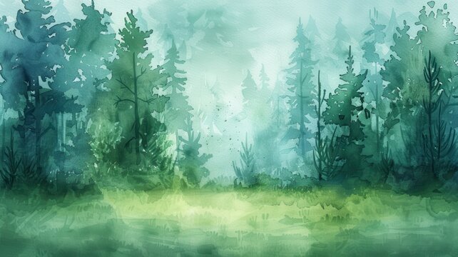 A watercolor forest with tall, slender trees and a clearing in the middle, perfect for text placement