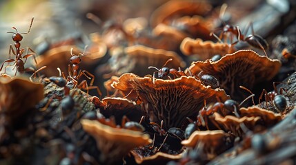 A group of ants explores and interacts with vibrant orange-colored fungi amidst forest ground debris, illustrating the symbiotic relationships present in natural habitats.
