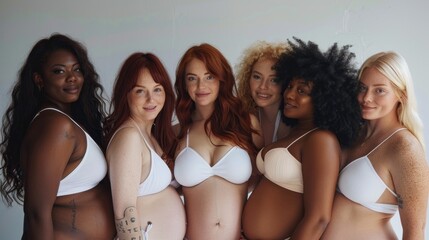 Obraz premium A group of women posing for a photo, all wearing different colored bras