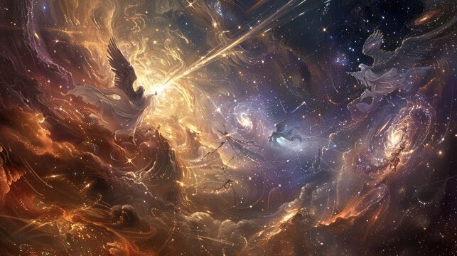 A cosmic clash between seraphic angels and demonic entities amidst a cosmic storm of swirling cosmic dust and radiant starlight.