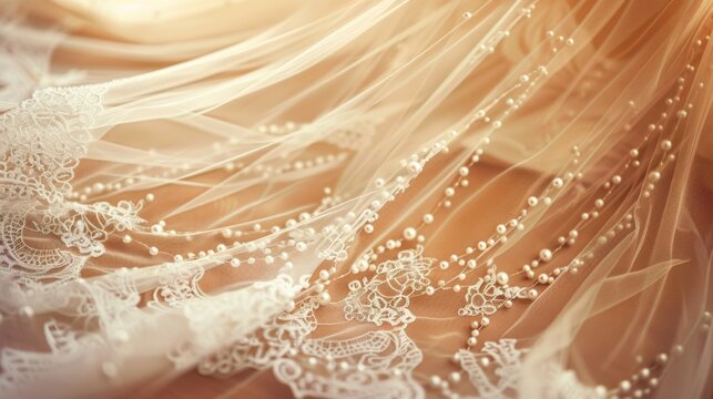 Delicate beaded lace bridal veil with intricate embroidery and shimmering pearls, capturing elegance and romance for a wedding day