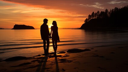 Fototapeta premium Silhouetted romantic couple embracing at sunset on serene lake shore, surrounded by majestic scenery of islands and forests. Concept of love, nature, tranquility, and togetherness