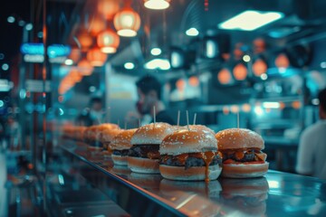 AI burger production line showcasing new taste technology, futuristic food processing