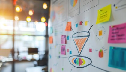 Close-up of a digital marketing funnel diagram on a whiteboard, creative office environment, vibrant lighting
