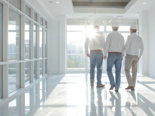 Three architects walking through a bright, modern building under construction, wearing hard hats and discussing plans.