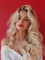 Fototapeta premium 25 year old blonde woman with gorgeous twisted curls, long hair coming down from shoulders, posing on vibrant solid background