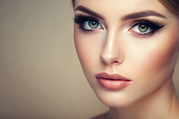 A delicate, almond-shaped female eye with lush lashes and subtle makeup, gazing upward with a soft, serene expression, against a gentle, creamy background.