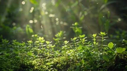 Lush Greenery: Close-up of Small Plants Bathed in Sunlight Filtering Through Canopy