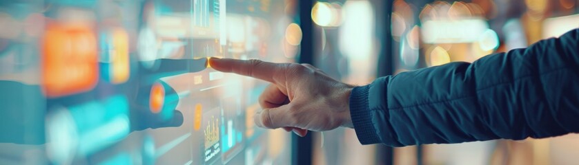 Close-up of a hand pointing at a digital marketing strategy on a large touchscreen, modern office environment, sharp focus