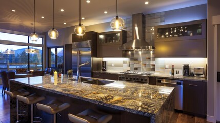 A modern kitchen with sleek granite countertops, stainless steel appliances, and a large island with stylish bar stools, illuminated by pendant lighting.
