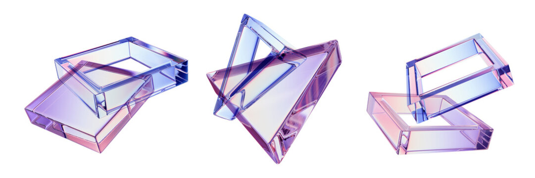 3D transparent triangle square composition, glasses geometric abstract pyramid crystal rectangle. Futuristic holographic plastic effect object, purple glossy different angle shape. Rainbow 3D square