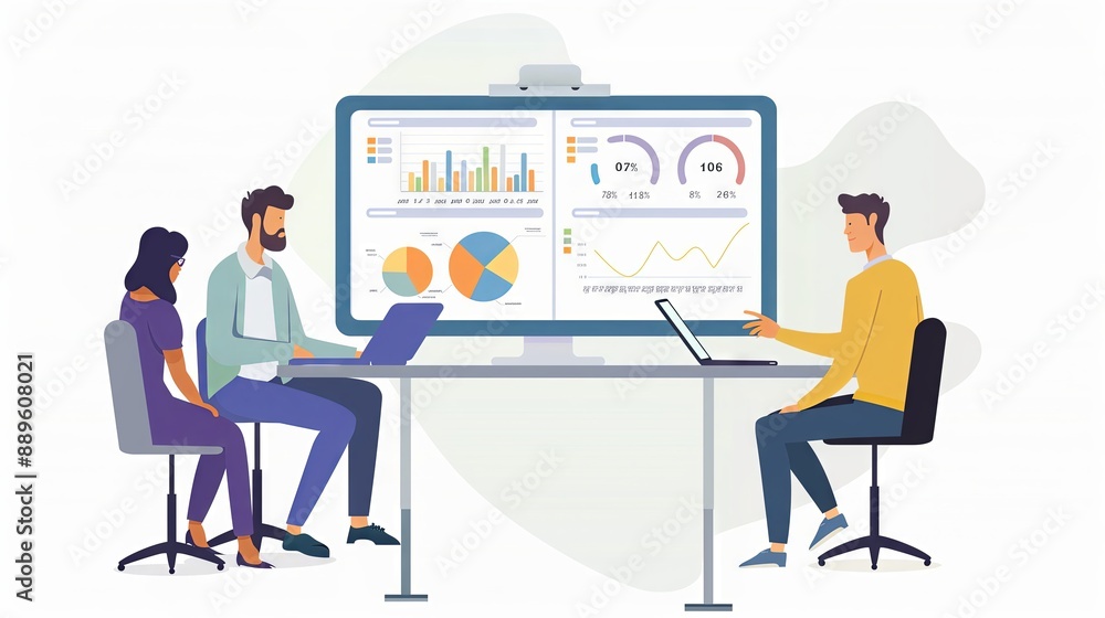 Poster business team analyzes data on a large screen in a modern office. using laptops, they discuss charts