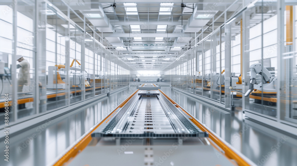 Poster automated assembly line with robotic arms in a modern factory setting. industrial automation, smart 