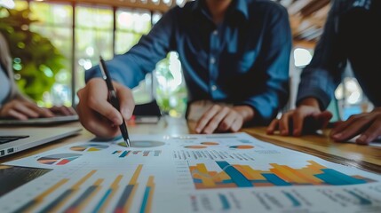 Business professionals analyze financial data in a naturally lit office, collaborating to make critical decisions for company success.