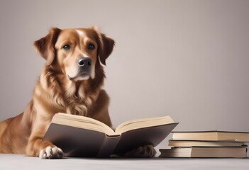 dog reading a book on gray background with copy space