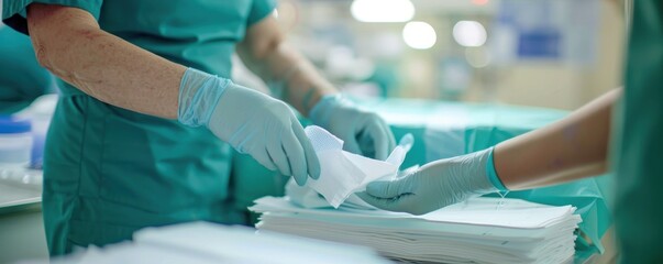 Close-up of a nurse's hands changing a wound dressing, hospital room, sterile environment