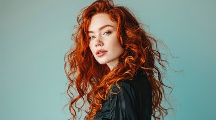 Fototapeta premium 25 year old red-haired woman with gorgeous twisted curls, long hair coming down from shoulders, posing on pastel mono color solid background