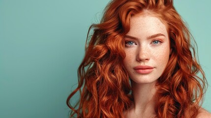 Fototapeta premium 25 year old red-haired woman with gorgeous twisted curls, long hair coming down from shoulders, posing on pastel mono color solid background
