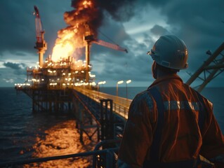 Naklejka premium A gas and oil offshore platform engineer in overalls looks at the platform flare in the background