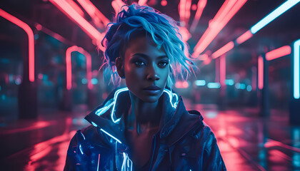Portrait of a woman illuminated by neon lights