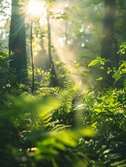 Fototapeta premium Serene Close-Up of Forest Foliage with Sunlight Filtering Through Lush Trees