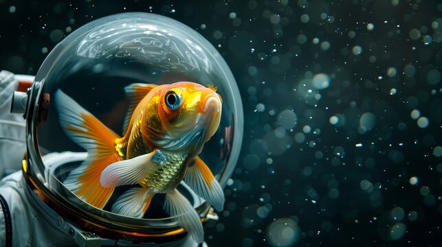 A whimsical image of a goldfish wearing an astronaut suit's helmet, floating against a backdrop of space with bubbles, embodying a playful and imaginative fusion of aquatic life and space exploration