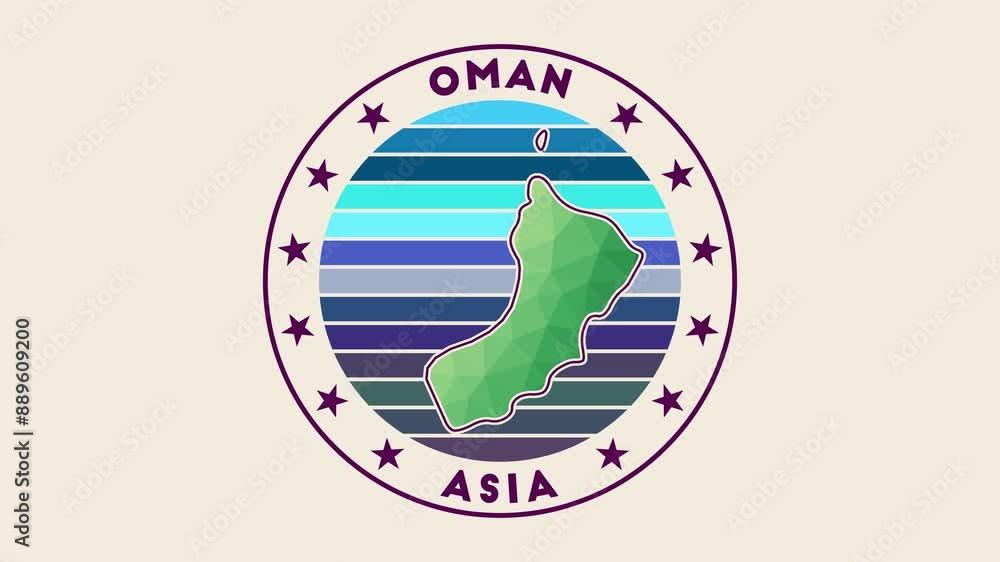 Poster oman intro video. badge with the circular name and map of the country in low poly tech geometric sty