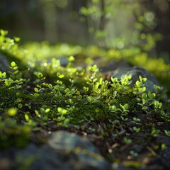 Macro Photography of Lush Tiny Plants with Forest Ground Texture