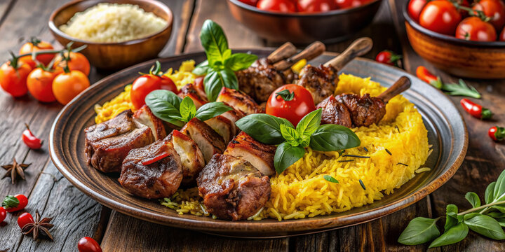 Savory grilled lamb or chicken served with steamed saffron rice, melted butter, sumac powder, fresh basil, caramelized onions, and grilled tomatoes on a decorative plate.