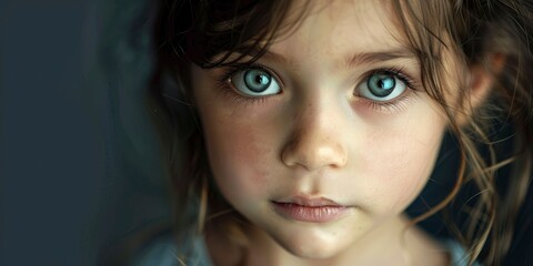 Fototapeta premium Portrait of a cute child, beautiful face with big eyes, dark blurred background
