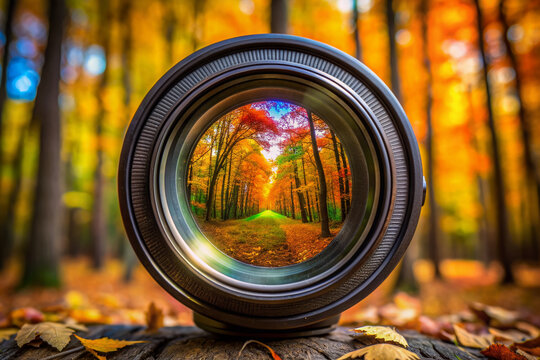 A shallow depth of field camera lens captures the vibrant colors and textures of a serene autumn forest, emphasizing the harmony of technology and nature.