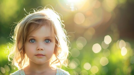 Fototapeta premium Portrait of a cute child, beautiful face with big eyes, light saturated blurred nature background